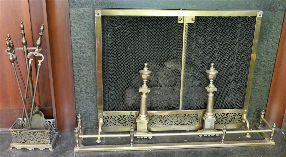 Brass Fireplace Set - Andirons, Fire Tools, Screen, and Skirt 