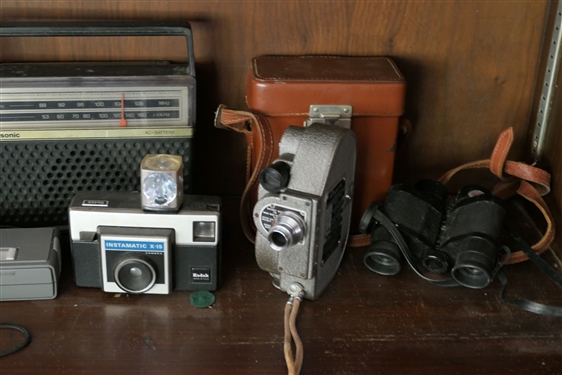 Collection of Camera Equipment, Radio, and Binoculars - Panasonic Radio, Kodak Instamatic X15 Camera, Revere Eight Camera, Argus, and Others
