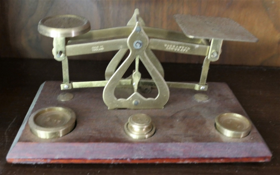 Made in England - Brass Balance Scales with Weights  - Wood Base - Measuring 4" Tall 7" by 4" 
