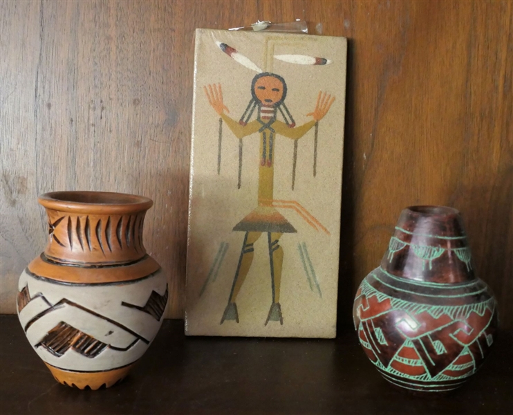 2 Small Indian Pottery Vases and Southwestern Indian Sand Art - Sand Art Measures 8" by 4" - Vases Measure 4" 