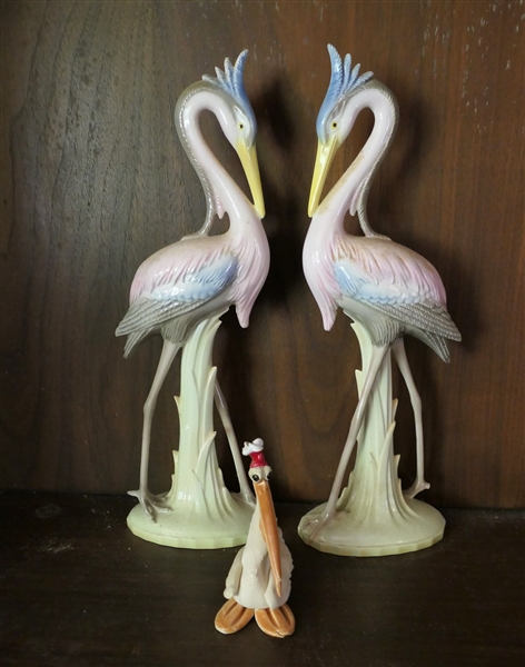 Pair of Beautiful Ball Brothers Ceramic Birds and Handmade Art Pottery Pelican Wearing Santa Hat - Large Birds Measure 13" tall 