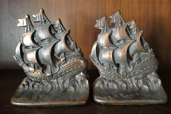 Pair of Metal Sailing Ship Bookends - Measuring 6 Tall 