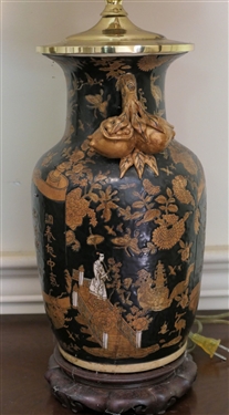 Pair of Black and Gold Asian Vase Style Table Lamps - Each Measures 21 To Bulb 