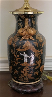 Pair of Black and Gold Asian Vase Style Table Lamps - Each Measures 21 To Bulb 