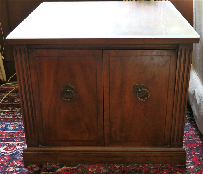 Pair of Identical End Table Cabinets with Glass Tops - Each Measures 21 1/2" Tall 26" by 26"