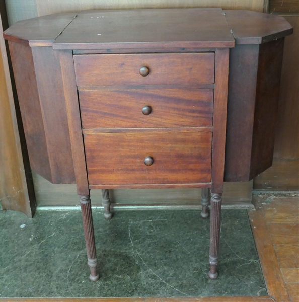 Mahogany Martha Washington Sewing Cabinet - 3 Drawers and 2 Lift Top Ends - Measures 29" tall 28" by 14"