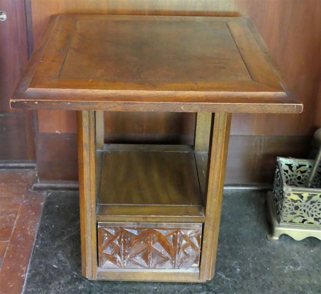 Kroehler Mid Century Occasional Table with Hidden Drawer In Base - Measuring 18" Tall 17" by 17" - Small Chip To Bottom Corner of Drawer 