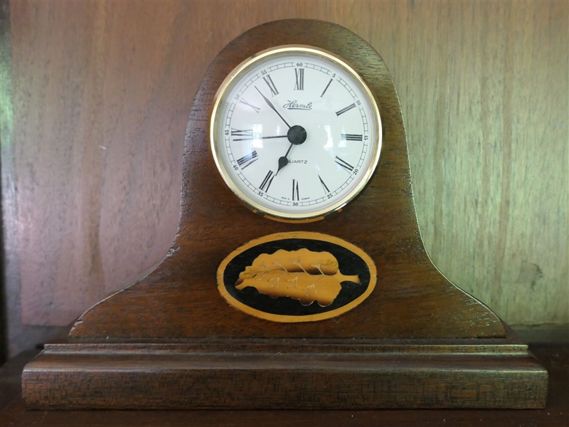 Hermel Quartz Mahogany Desk Clock with Inlaid Leaf - Clock Measures 6" Tall 8" by 3" 