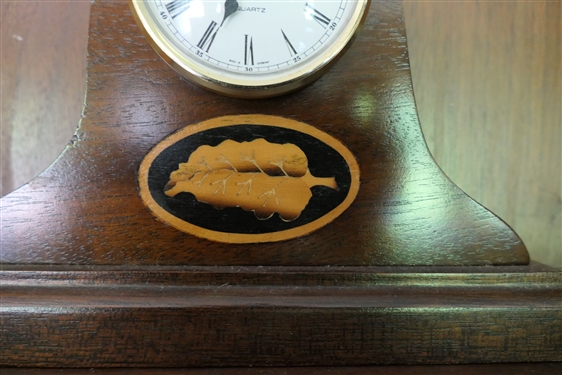 Hermel Quartz Mahogany Desk Clock with Inlaid Leaf - Clock Measures 6 Tall 8 by 3 