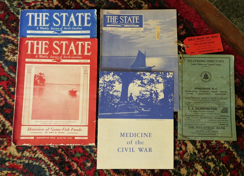 Henderson NC 1939 Telephone Directory, 3 Copies of "The State" Magazine 2- 1929, 1- 1943, and Medicine of The Civil War - Booklet