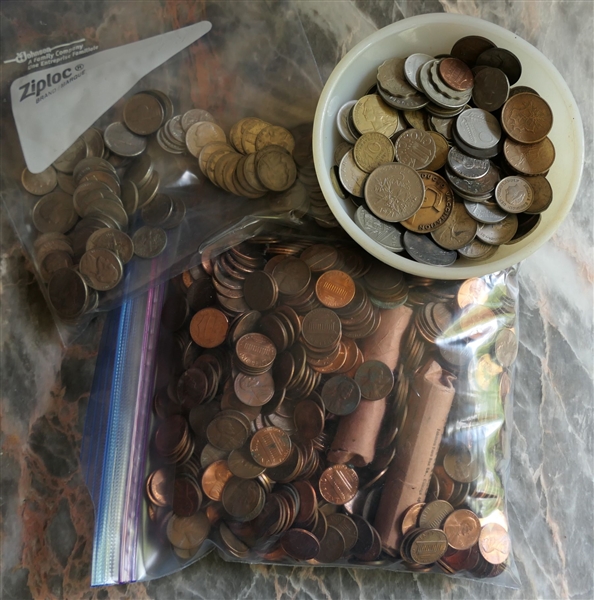 Lot of Coins - Foreign and American - Bowl Full of Coins From Jamacia, Italy, Canada, Etc., Bag of American Pennies, and Bag of American Quarters, Nickels, and Dimes - Not Searched