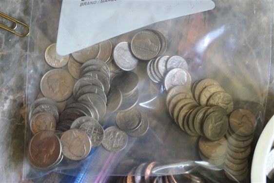Lot of Coins - Foreign and American - Bowl Full of Coins From Jamacia, Italy, Canada, Etc., Bag of American Pennies, and Bag of American Quarters, Nickels, and Dimes - Not Searched