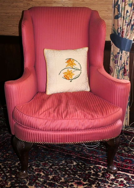 Pink Striped Wing Back Chair with Nail Head Trim 