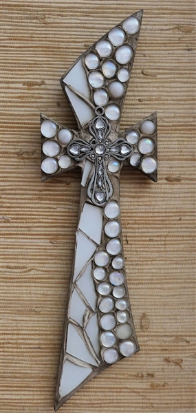 Handmade Cross Wall Plaque with Applied Glass Beads, Pieces, and Metal Cross - Measures 18" by 5" 