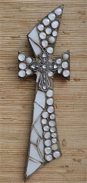 Handmade Cross Wall Plaque with Applied Glass Beads, Pieces, and Metal Cross - Measures 18 by 5 