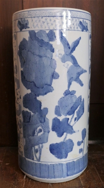 Blue and White Ceramic Umbrella Stand - Measures 18" Tall 8 1/2" Across
