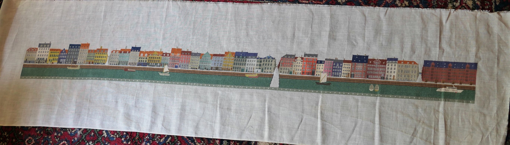 1673 NYHAVN  - Needlework By Rollins - Needle Point on Linen - Very Detailed - Measures 67" by 6 1/2" 