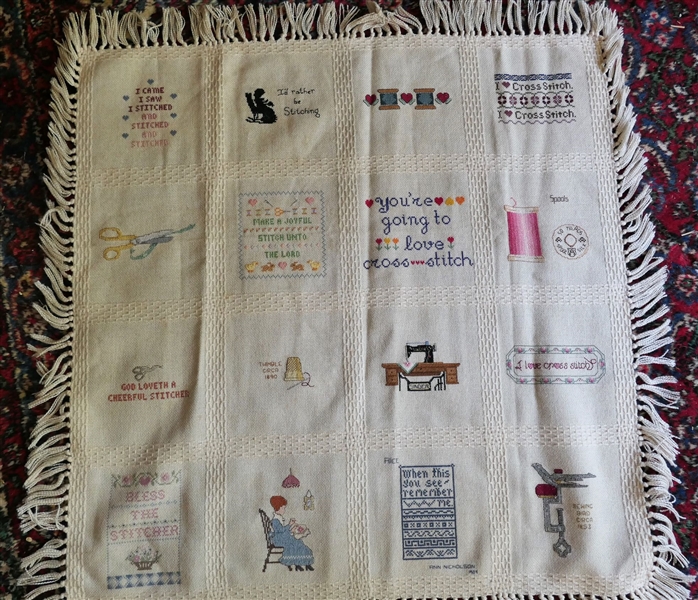 Hand Embroidered Throw Blanket -With Stitched Scissors, Poems, and Sewing Motif Measures 30" by 30" 