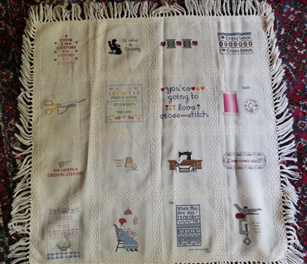 Hand Embroidered Throw Blanket -With Stitched Scissors, Poems, and Sewing Motif Measures 30 by 30 