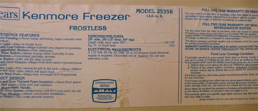 Kenmore Frostless Upright Freezer - Works Well 