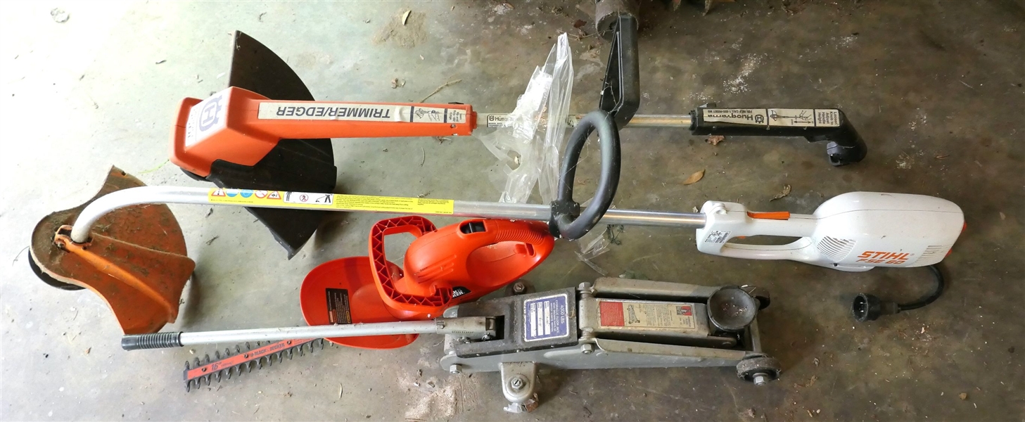 Sthil Electric String Trimmer, Husquavarna Model 550L String Trimmer, 4000lb Floor Jack, and Electric Hedge Trimmers