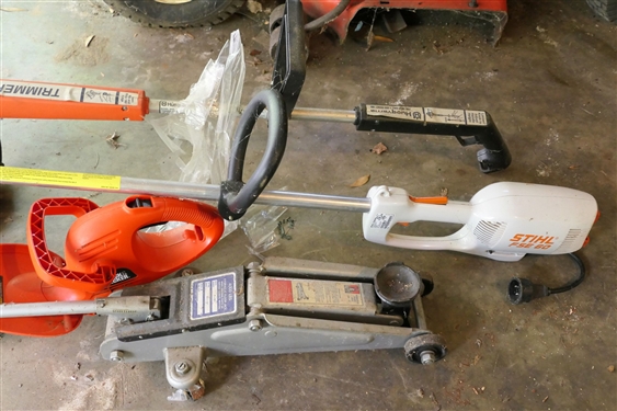 Sthil Electric String Trimmer, Husquavarna Model 550L String Trimmer, 4000lb Floor Jack, and Electric Hedge Trimmers