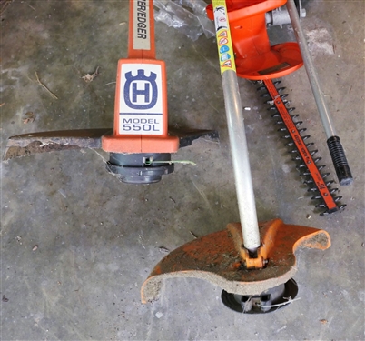 Sthil Electric String Trimmer, Husquavarna Model 550L String Trimmer, 4000lb Floor Jack, and Electric Hedge Trimmers