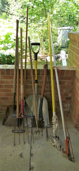 Lot of Garden Tools - Rake, Forks, Axe, Shovel, Pruner, and Tiki Torch Holders