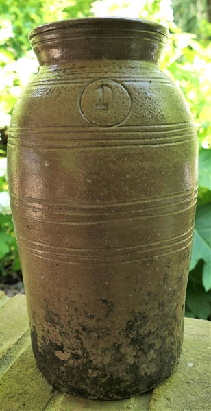 Attributed To Chester Webster North Carolina Pottery - 1850 - 1 Gallon Stone Churn - Incised Rings - Has Hairline Crack