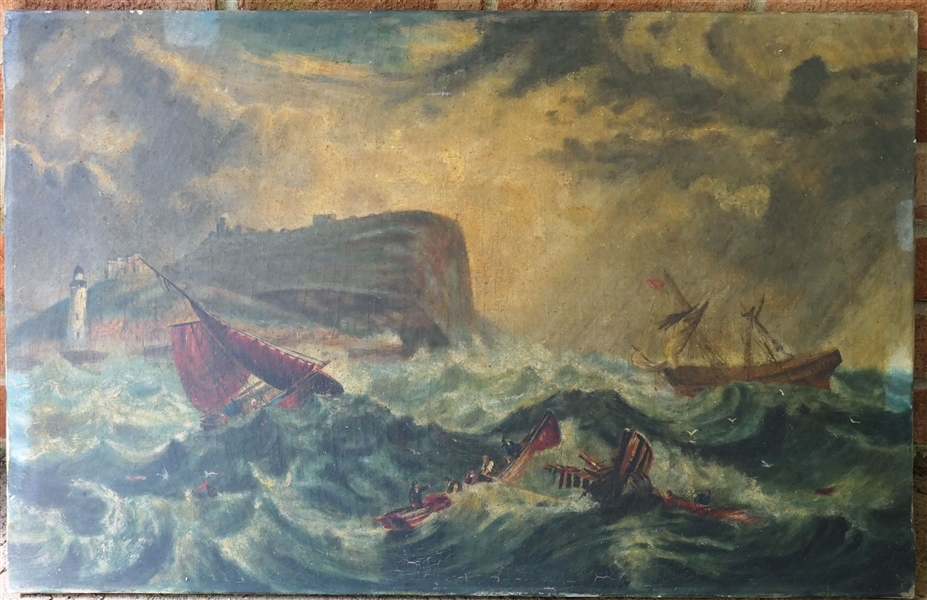 Antique Oil on Canvas Painting of Ships in a Storm- Not Framed - Canvas Measures 18" by 28" 