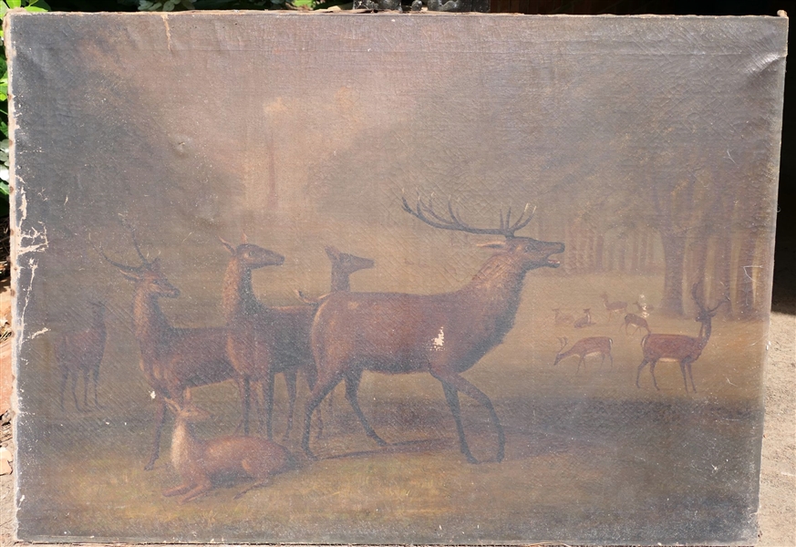 1890s Oil On Canvas Painting of 16 Elk - Not Framed - Canvas Measures 34" by 48" 