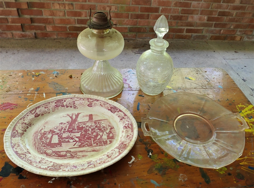 Homer Laughlin China " Historical America The First Thanksgiving" Platter, Pink Depression Plate, Oil Lamp, and Crackle Glass Decanter - Platter Measures 14" - Has Small Crack on Edge