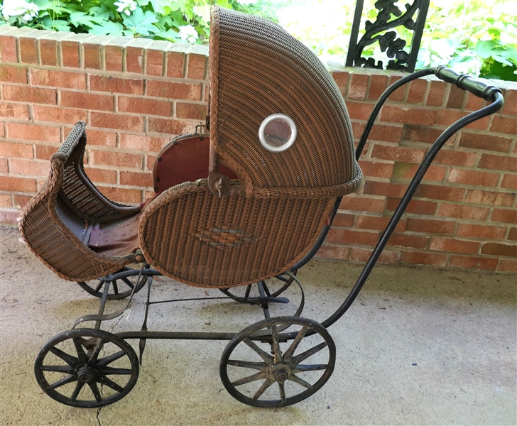 Antique Wicker Baby Carriage with Wood Spoke Wheels - Measures 37" Tall 
