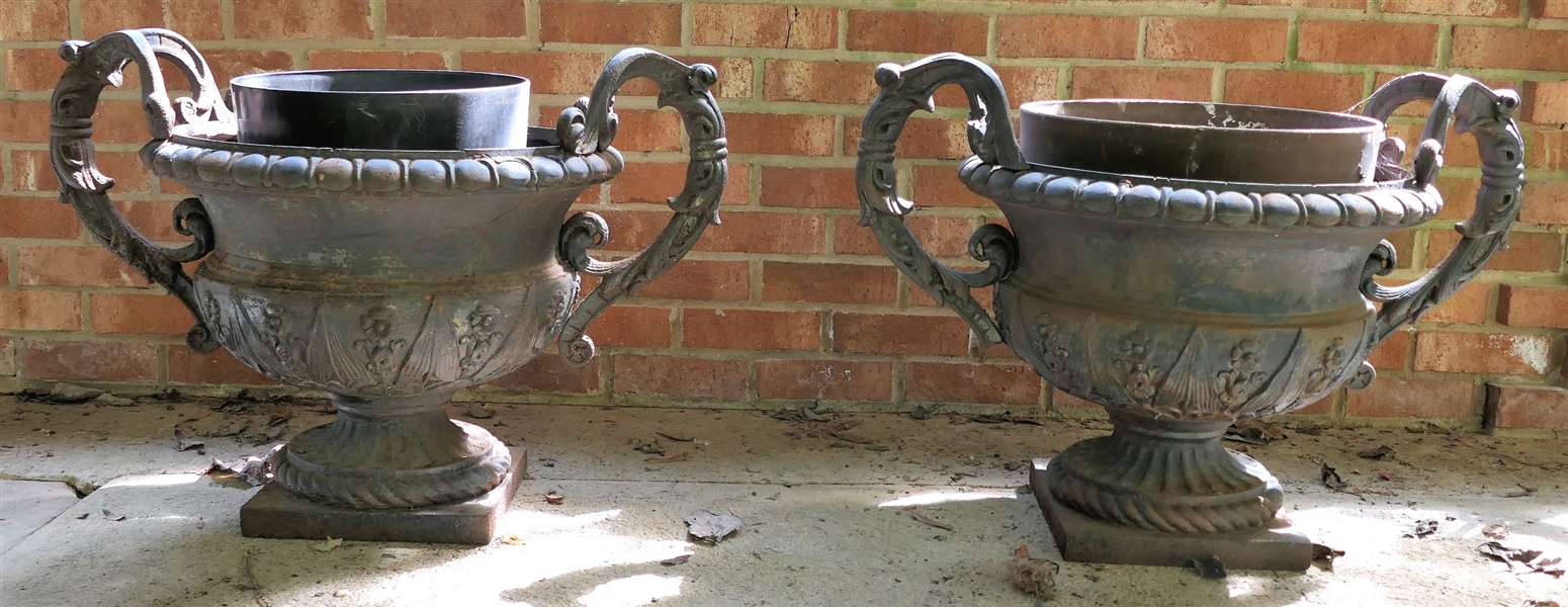 Pair of Nice Ornate Iron Garden Urns - Measuring 16" Tall 20" Across - Not Including Handles 