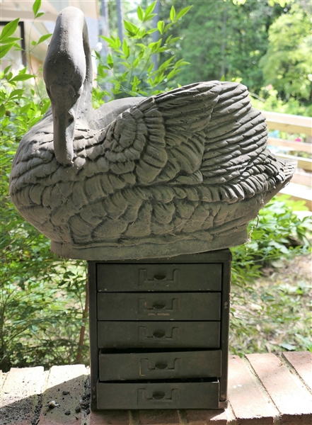 Resin Swan Planter and Small Metal Hardware Cabinet with Drawers Full of Nails - Swan Measures 18" Long 13" tall 