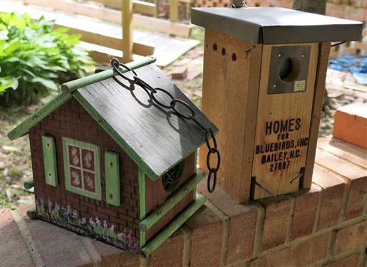 2 Wood Birdhouses  - Hand painted Brick House Style and Homes For Blue Birds - New - House Style Measures 9 tall 8 by 10 