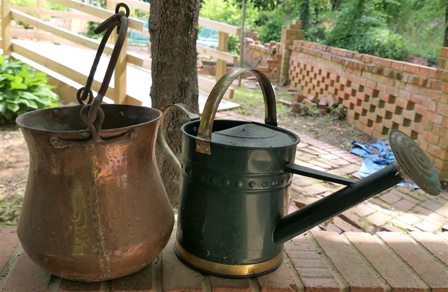 Hand Hammered Copper Bucket and Metal and Brass Sprinkling Can - Copper Bucket Measures 9 1/2" Tall