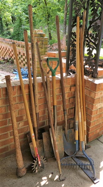 Lot of Garden Tools - Shovels, Rake, Maddock, Fork, Hoes