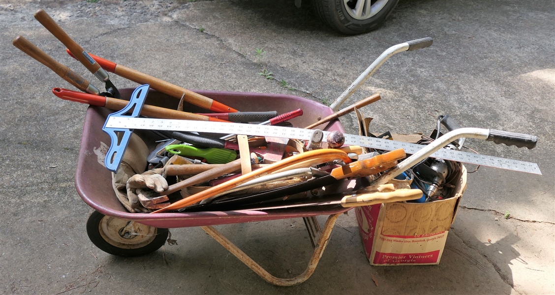 Wheelbarrow Full of Hand Tools, Saws, Hammers, Square, Hatchets, C - Clamps, Bolt Cutters,  Saw Blades, Nailer, Etc. 