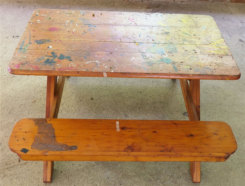 Childs Pine Wood Picnic Table - Paint Splattered - Measures 21" Tall 38" by 38 1/2" 