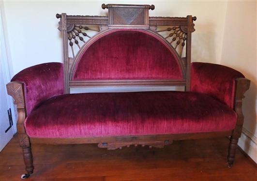 Walnut Victorian East Lake Sittee - Burgundy Velvet Upholstery - Measures - 42 tall 56 by 21 
