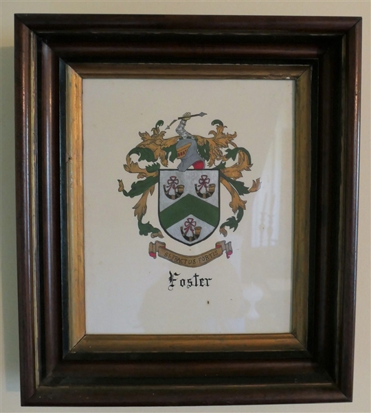 "Foster" Hand Drawn Coat of Arms in Walnut Shadowbox Frame - Frame Measures 16" by 13 3/4"
