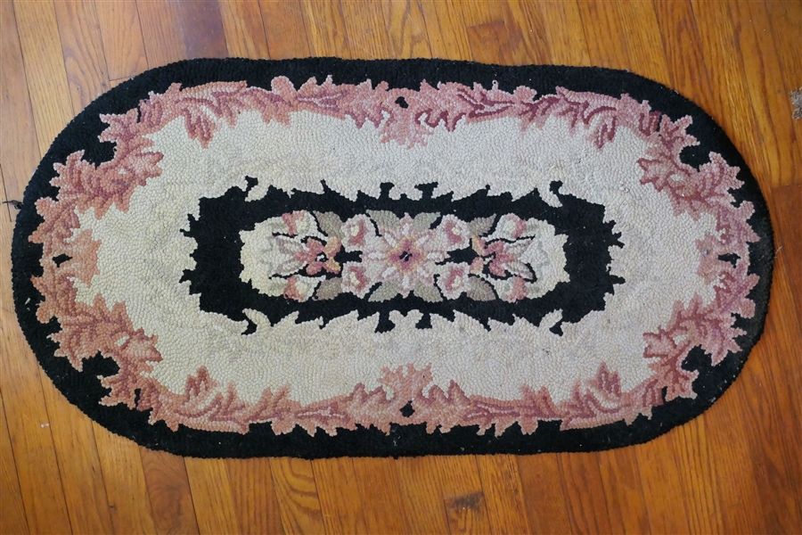 Black, Cream, & Pink Oval Hook Rug - Measuring 43" by 22" 