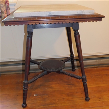 Walnut Victorian East Lake Marble Top Table - Thick Marble Top - Gingerbread Trim  - Table Measures 31 tall 27 by 27 