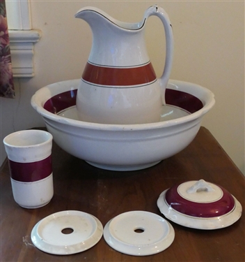 White Ironstone with Red Band - Washbowl, Pitcher, Cup, and Lids