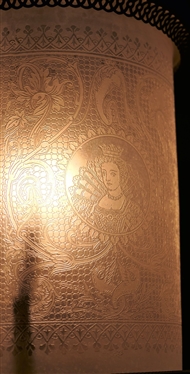 Art Nouveau Pull Down Oil Lamp with  Beautiful Acid Etched Shade with Queens Portraits - Lamp Has Been Electrified But Not Damaged Could be Returned to Oil Lamp - Buyer Must Take Down 