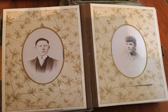 Green Velvet Victorian Photo Album on Attached Stand with Drawer Full of CDV and Tin Type Photos -Cover Features Daisy Flowers and Sheep -  Needs Re-Backing  - Many Photos including Soldiers,...