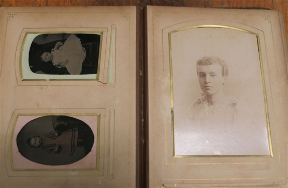 Victorian Photo Album, Collection of Photographs, and Little Satchel - Photos,  CDVs, and Tin Types - Images include animals, Children, Long Haired Woman, Horse & Carriage, Bicyclist, Virginia ABC...