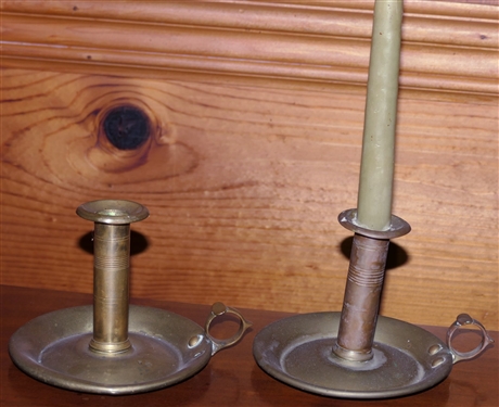 2 Antique Brass Chamberstick - Each Measures 4 1/2 Tall 
