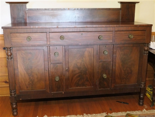 Circ 1840 Eastern Shore Virginia Sheraton Mahogany Sideboard with Dovetailed Drawers - 7 Hand Dovetailed Drawers - 2 Cellarette Drawers - 3 Cabinets with Scalloped Shelves - Reeded Column Details...